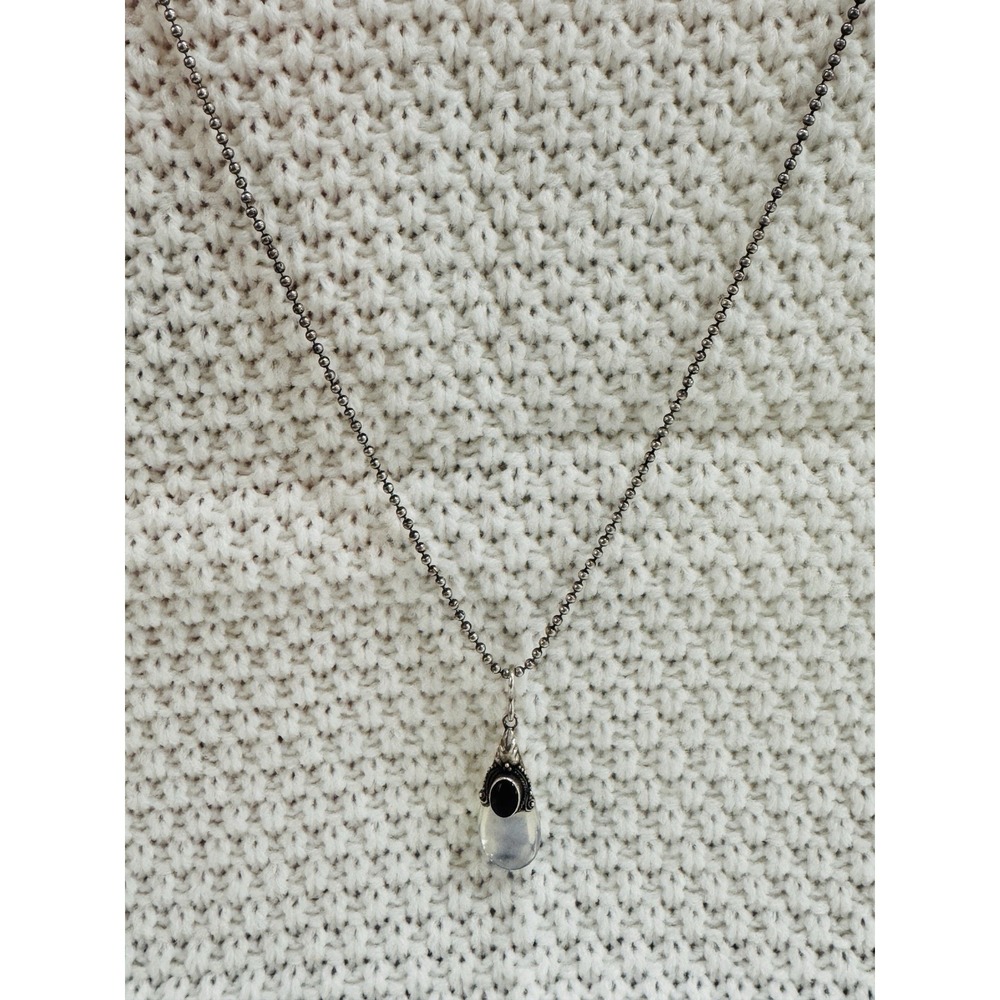 925 Sterling Silver Black Cabochon Opalite Teardrop Pendant Necklace